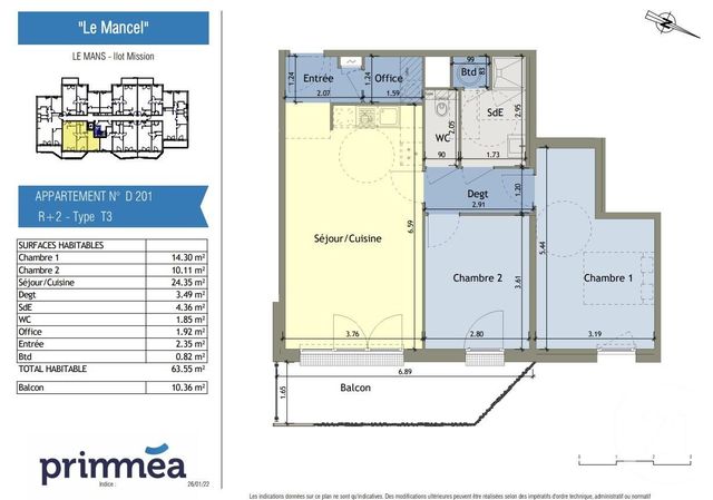 Appartement F3 à vendre - 3 pièces - 63,55 m2 - Le Mans - 72 - PAYS-DE-LOIRE