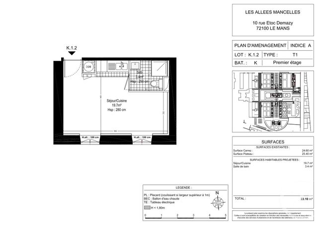 Appartement F1 &agrave; louer - 1 pi&egrave;ce - 22,61 m2 - Le Mans - 72 - PAYS-DE-LOIRE