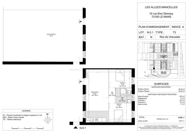 Appartement F3 &agrave; louer - 3 pi&egrave;ces - 56,60 m2 - Le Mans - 72 - PAYS-DE-LOIRE