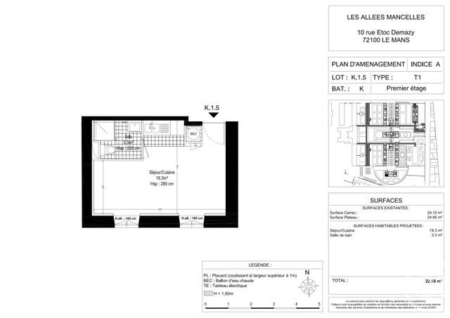 Appartement F1 &agrave; louer - 1 pi&egrave;ce - 22,51 m2 - Le Mans - 72 - PAYS-DE-LOIRE